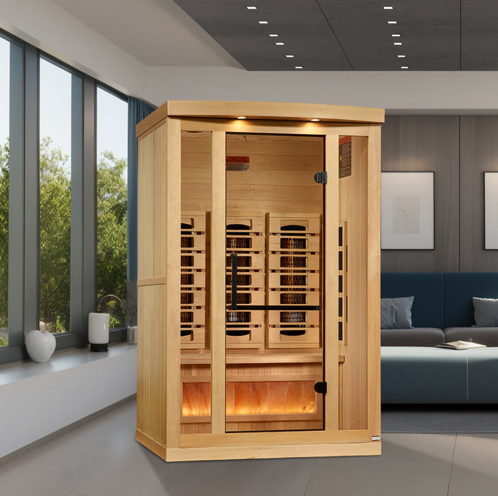Golden Designs 2-Person Full Spectrum PureTech™ Near Zero EMF FAR Infrared Sauna with Himalayan Salt Bar