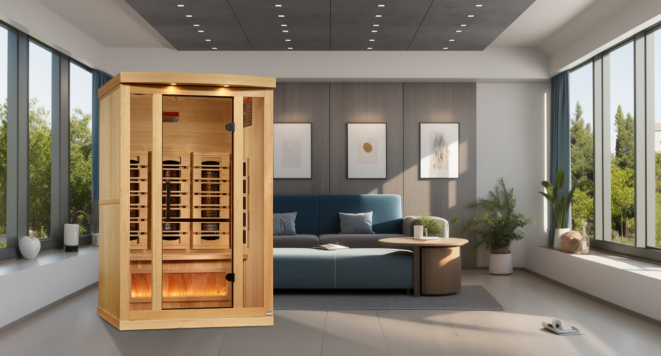 Golden Designs 2-Person Full Spectrum PureTech™ Near Zero EMF FAR Infrared Sauna with Himalayan Salt Bar