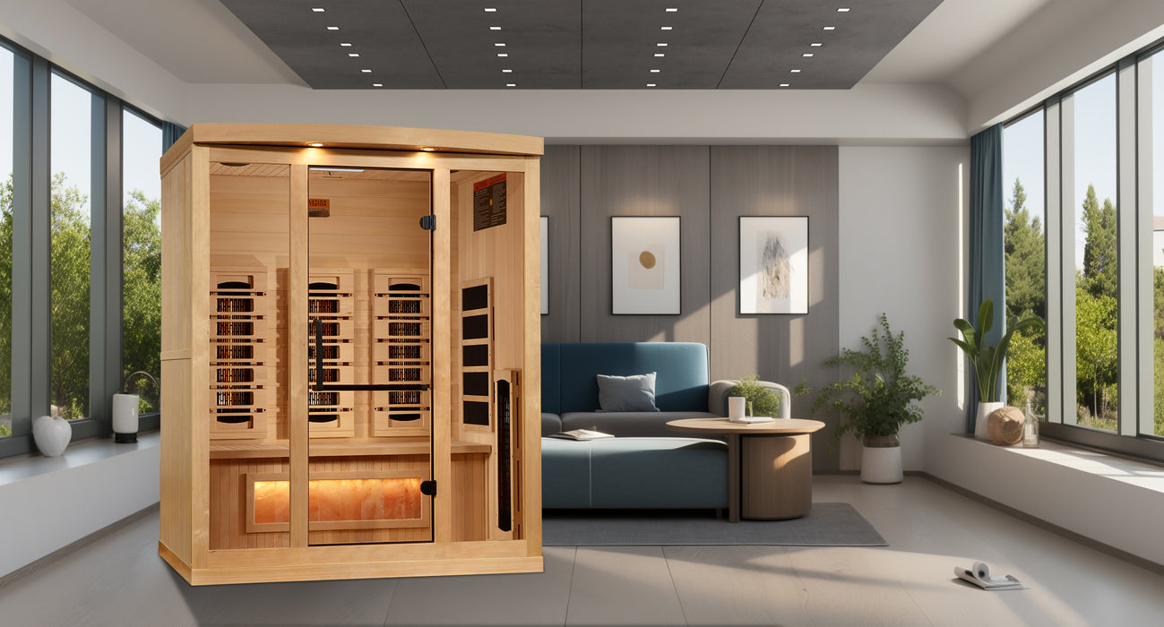 Golden Designs 3-Person Full Spectrum PureTech™ Near Zero EMF FAR Infrared Sauna with Himalayan Salt Bar